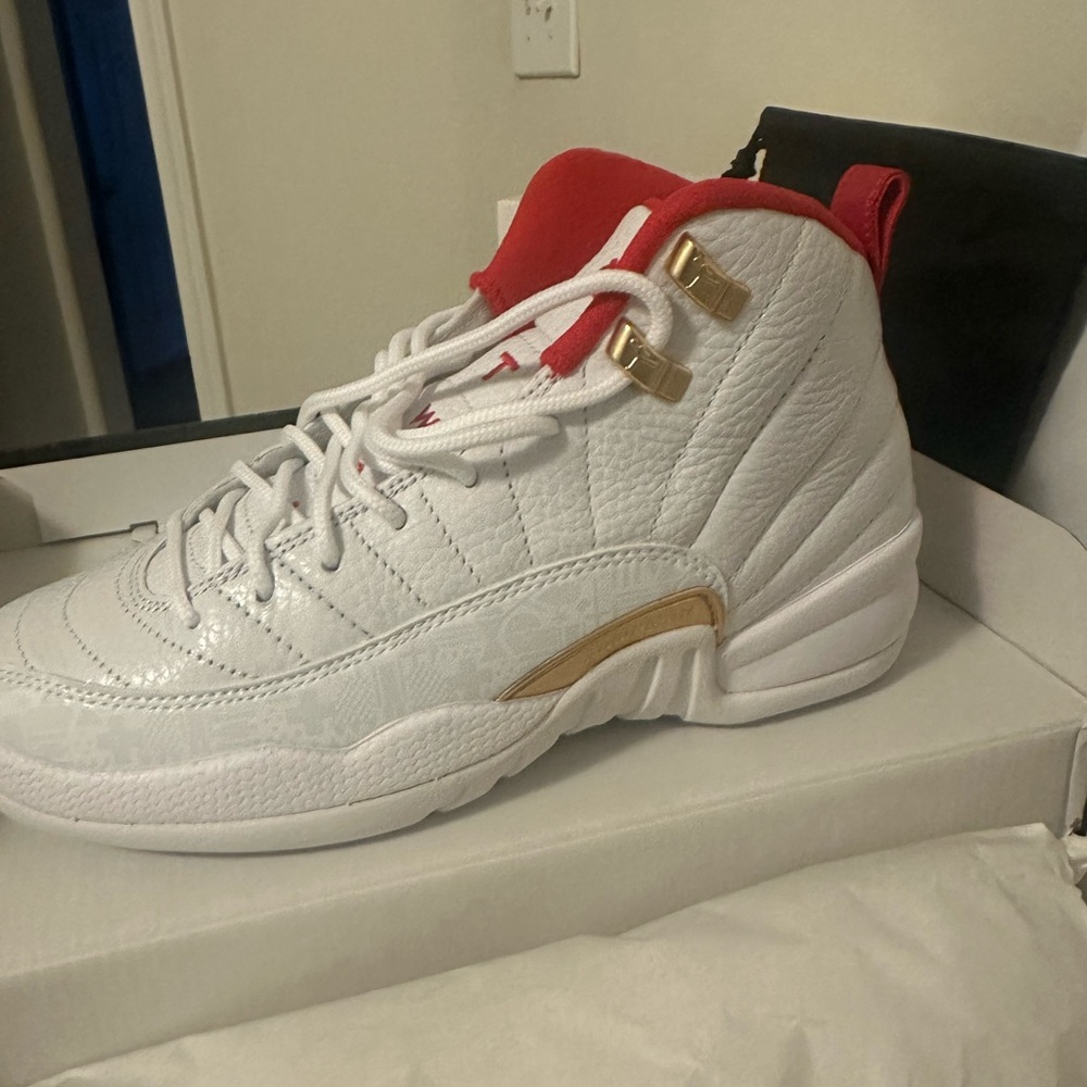White and Red High-Top Sneakers with Gold Accents dead stock!